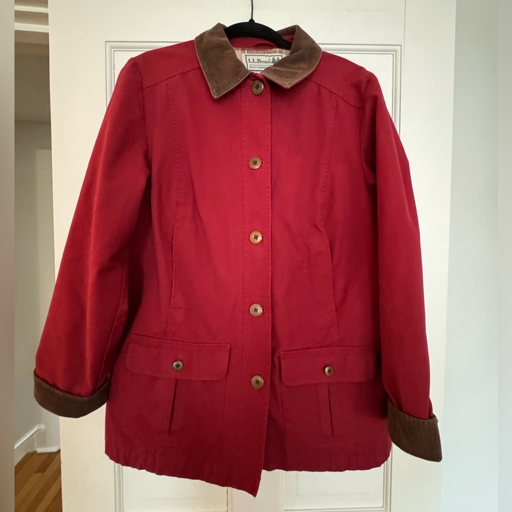 LL Bean Barn Jacket in Red with Brown Corduroy